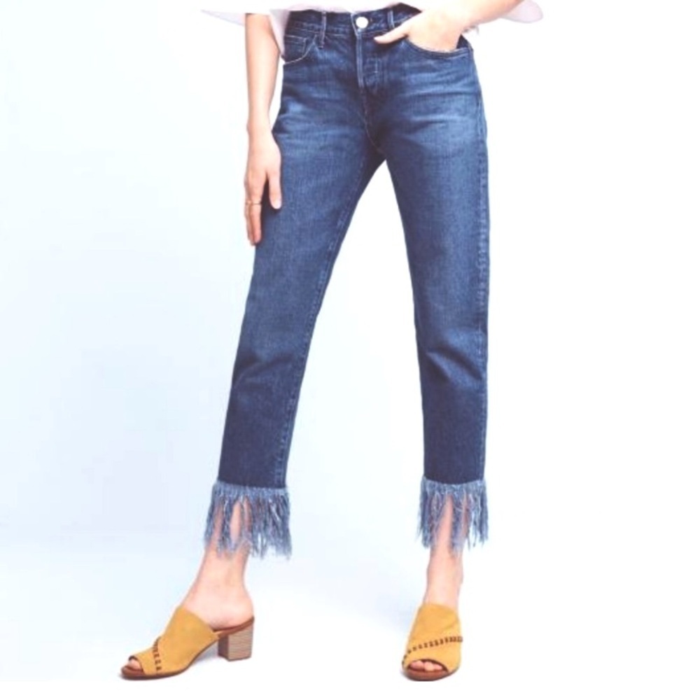 3x1 "NEW" Medium Wash Bohemian Stella Straight Crop Fringe Denim Jeans Size 24